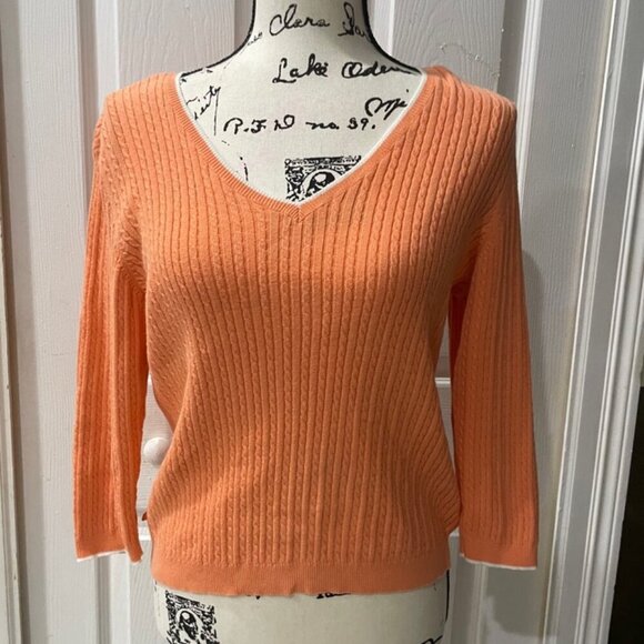 PREPPY COQUETTE CABLE KNIT SWEATER RALPH LAUREN 100% COTTON V NECK SZ PM CORAL - Picture 12 of 16